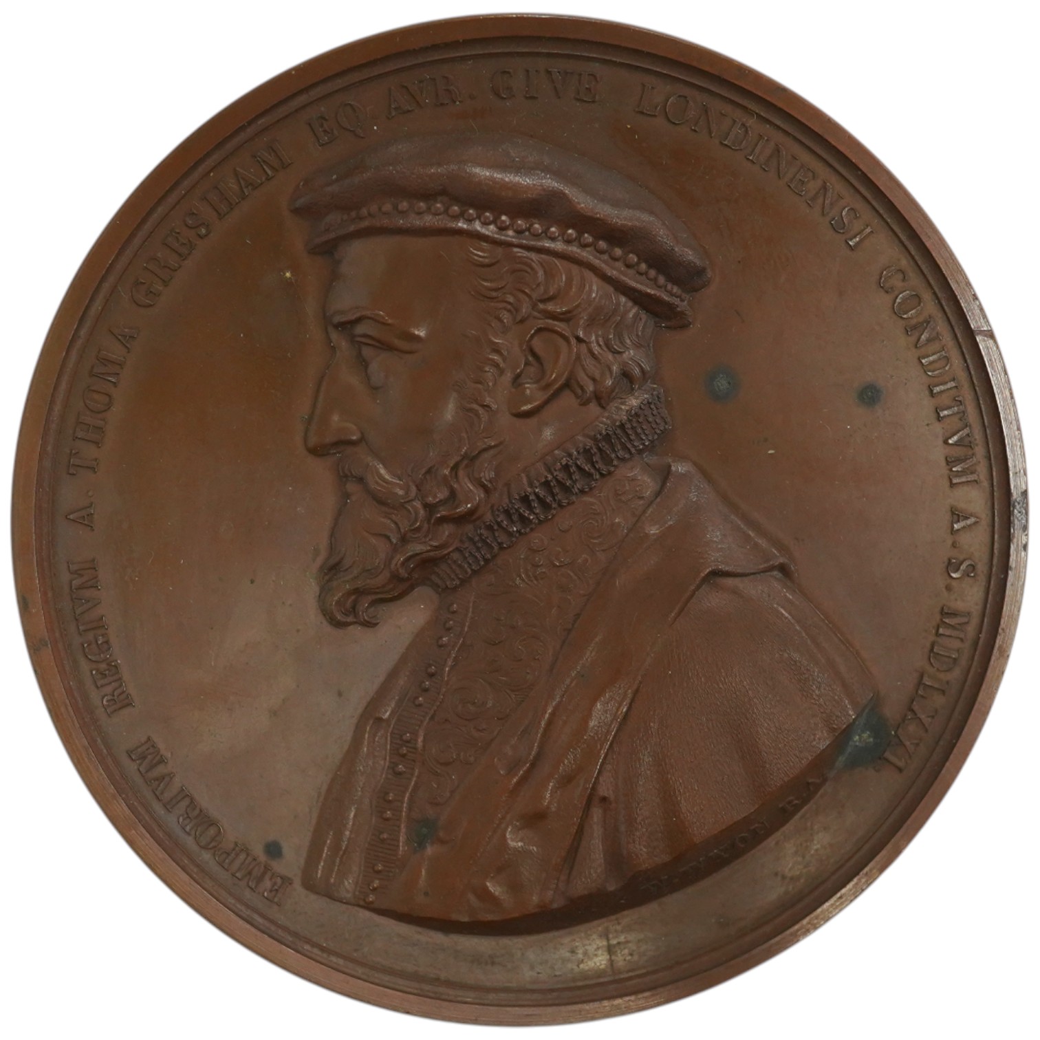 Victoria medals, Opening of the New Royal Exchange, 1844, a copper medal by W. Wyon, bust of Thomas Gresham left, rev. statue of Victoria in front of elevation of the Exchange, 73mm, BHM 2185, spotting otherwise EF, in f